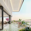 Stylish Balcony Garden Featuring Green Plants Pink Flowering Tree And City Skyline View