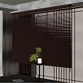 Brown Wooden Blinds In Modern Interior With Potted Plant And Decorative Stand