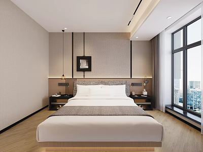 Stylish Modern Hotel Guest Room With Large City View Window And Comfortable King Size Bed 3d model