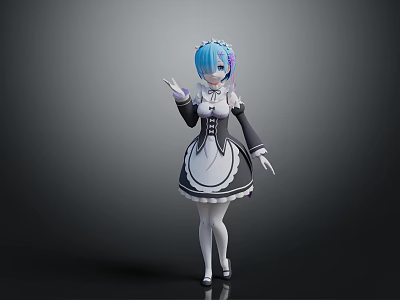 Anime Style Game Character With Blue Pink Hair In Black White Maid Outfit 3d model