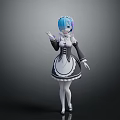 Anime Style Game Character With Blue Pink Hair In Black White Maid Outfit