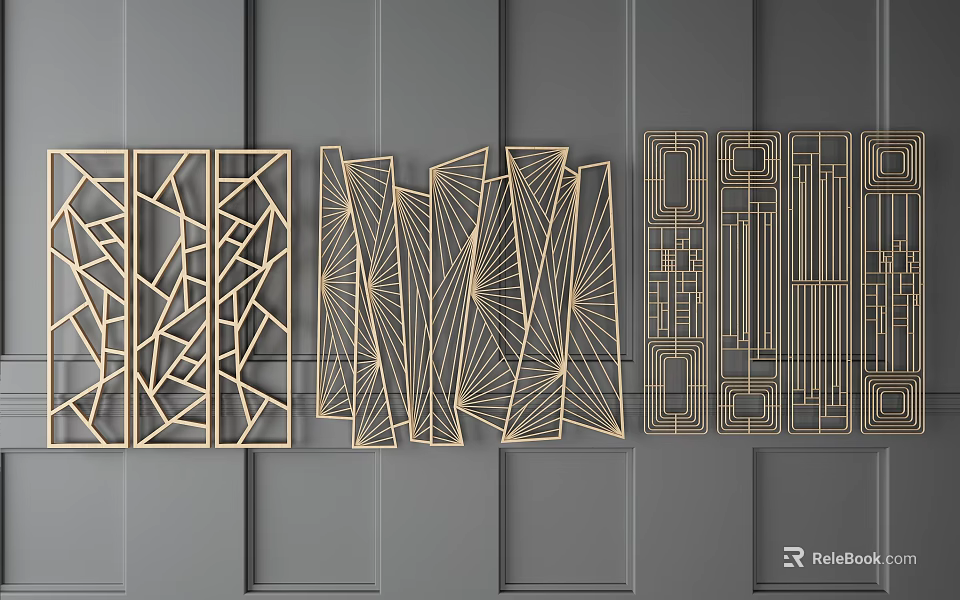 Modern Metal Room Dividers With Geometric Patterns And Golden Lines 3d model 