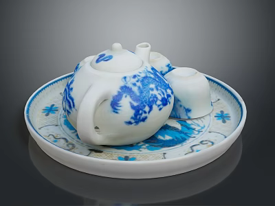 Blue And White Porcelain Tea Set With Teapot Teacup Tray Traditional Pattern 3d model