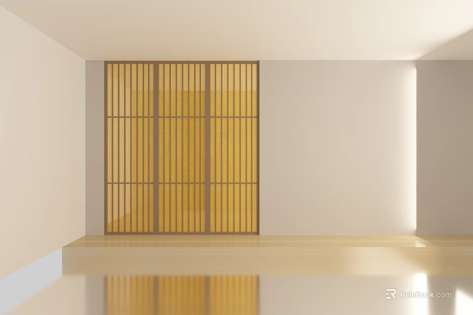 Modern Wooden Sliding Door Interior Design With Vertical Strips White Walls And Light Flooring 3d model 
