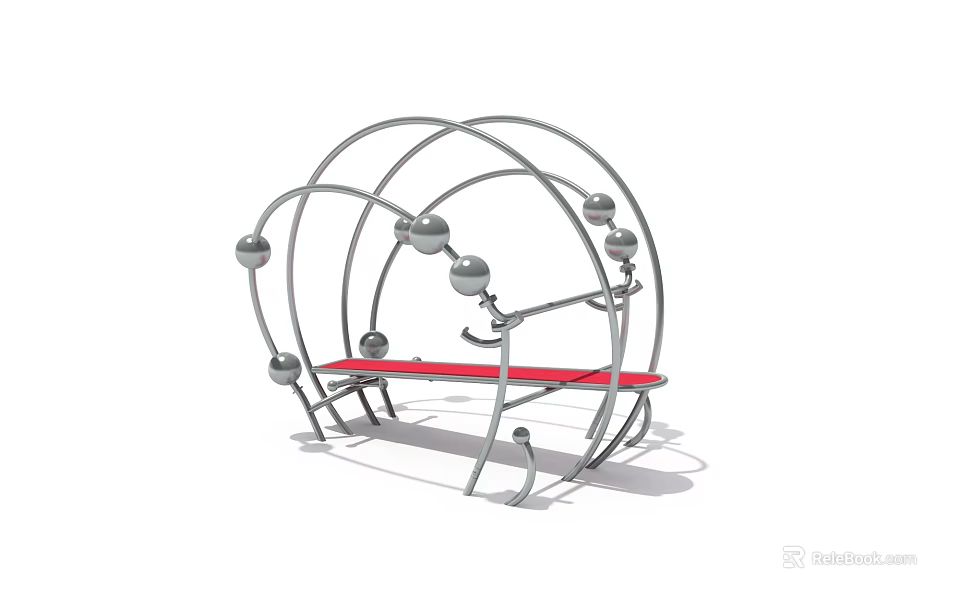 Modern Outdoor Bench With Silver Metal Frame Red Seat And Spherical Decorations 3d model 