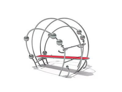 Modern Outdoor Bench With Silver Metal Frame Red Seat And Spherical Decorations 3d model