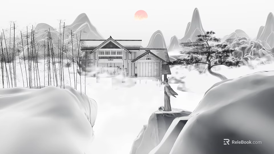 Picturesque Mountain Scenery With Red Sun Traditional House Pine Tree Bamboo And Snowy Landscape 3d model 