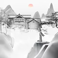 Picturesque Mountain Scenery With Red Sun Traditional House Pine Tree Bamboo And Snowy Landscape