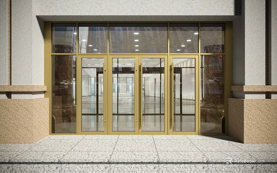 Golden Framed Glass Doors At Commercial Building Entrance With Stone Details 3d model 