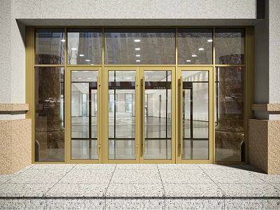 Golden Framed Glass Doors At Commercial Building Entrance With Stone Details 3d model