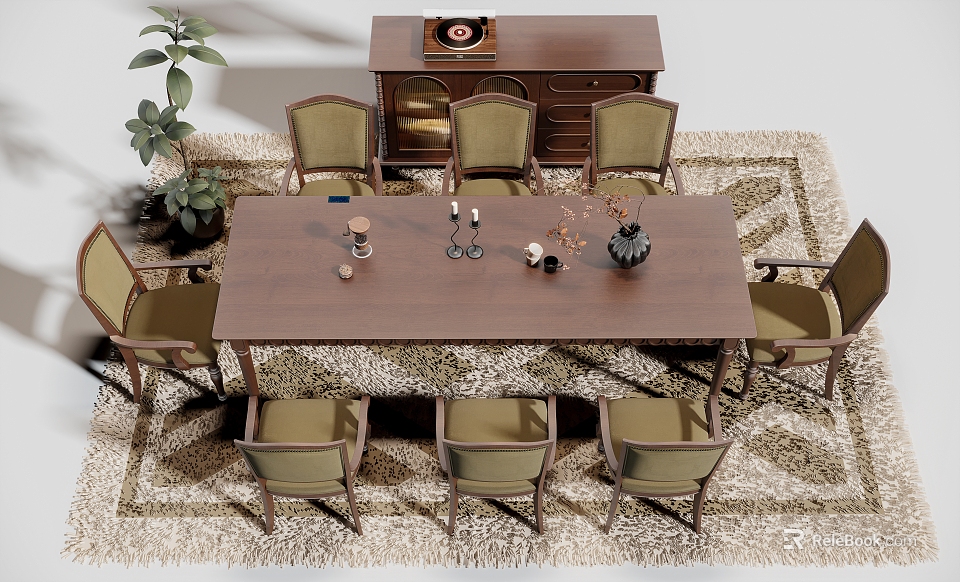 Wooden Dining Table Set with Green Chairs Cabinet Plant Rug and Table Decorations 3d model 