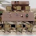 Wooden Dining Table Set with Green Chairs Cabinet Plant Rug and Table Decorations