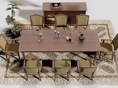 Wooden Dining Table Set with Green Chairs Cabinet Plant Rug and Table Decorations 3d model