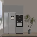 Modern Kitchen Appliances With Refrigerator Oven And Potted Plant In Interior