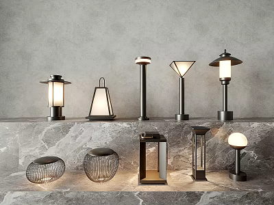 Various Designed Table Lamps With Different Shapes And Styles Placed On Marble Surface 3d model