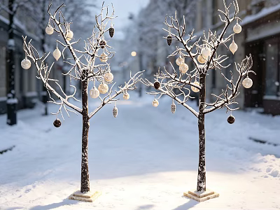Decorative Ornament Set With Two Snow Covered Trees And White Brown Balls For Winter Scene 3d model