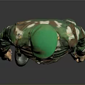 Military Figure In Camouflage Uniform With Green Beret Black Face Mask Standing On Gray Background