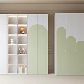 Modern Light Green And White Wardrobe Design With Open Storage Shelves And Curved Cabinet Doors