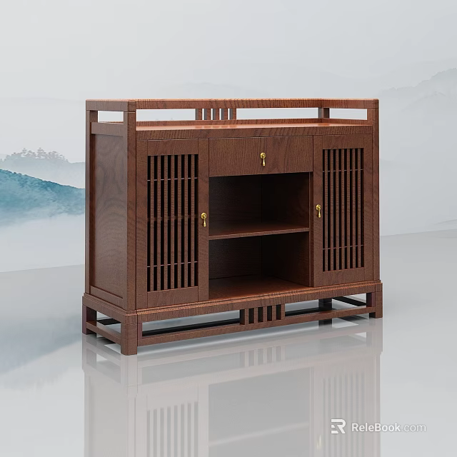 Traditional Wooden Sideboard With Dark Brown Finish Lattice Doors And Open Shelf 3d model 
