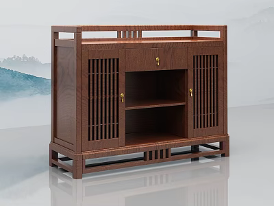 Traditional Wooden Sideboard With Dark Brown Finish Lattice Doors And Open Shelf 3d model