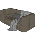 Modern Beige Sectional Sofa With Pleated Design Gray Cushion And Throw Blanket 3d model