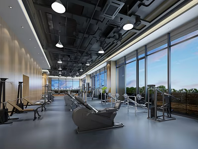 Spacious Modern Gym Workout Space With Large Windows And Various Fitness Equipment 3d model