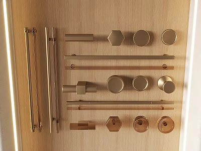 Golden Cabinet Handles in Various Styles and Shapes Showcased on Wooden Surface 3d model