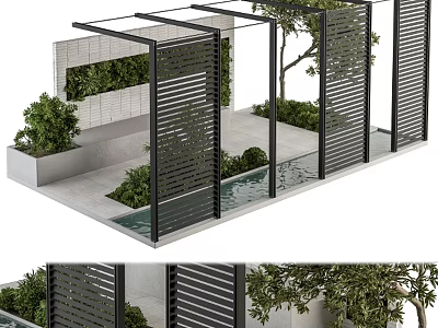 Modern Garden Feature Design With Black Slatted Screens Green Plant Wall And Small Water Pool 3d model