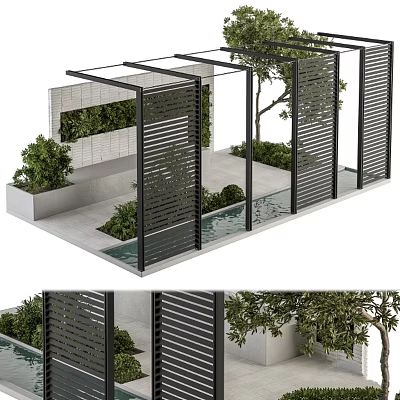 Modern Garden Feature Design With Black Slatted Screens Green Plant Wall And Small Water Pool 3d model
