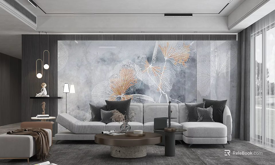 Modern Living Room Sofa And Coffee Table Set With Decorative Wall Art And Throw Pillows 3d model 
