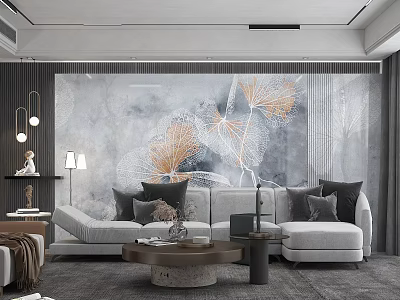 Modern Living Room Sofa And Coffee Table Set With Decorative Wall Art And Throw Pillows 3d model