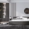 Minimalist Modern Bedroom Interior With Grey Bed Circular Art Dark Wooden Walls And Green Plants
