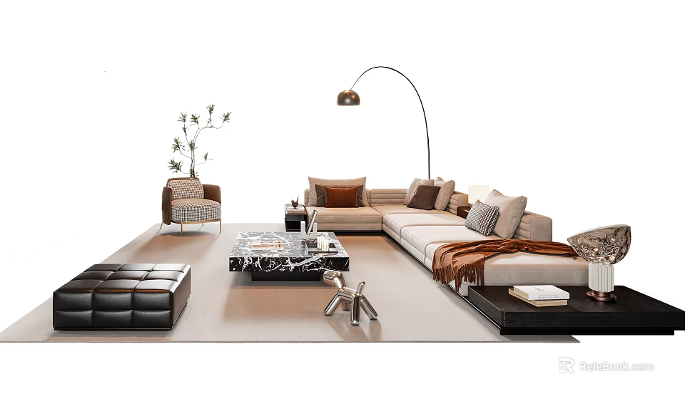 Modern Sofa and Coffee Table Set with Pillows Armchair Floor Lamp and Decorative Rug 3d model 