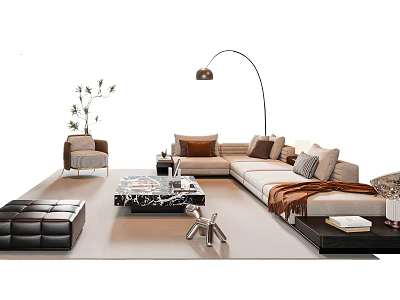 Modern Sofa and Coffee Table Set with Pillows Armchair Floor Lamp and Decorative Rug 3d model