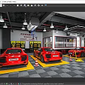 Car 4S Shop Service Area With Red Sports Cars And Maintenance Equipment