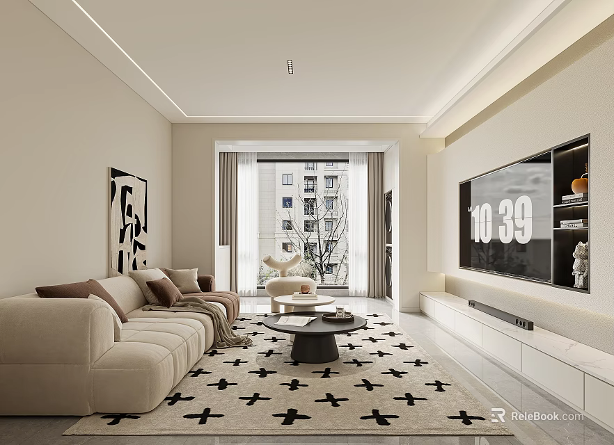 Modern Living Dining Room Interior With Beige Sofa Area Rug Coffee Table And TV Wall 3d model 