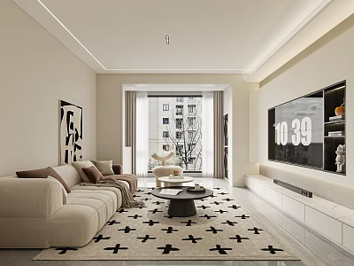 Modern Living Dining Room Interior With Beige Sofa Area Rug Coffee Table And TV Wall 3d model