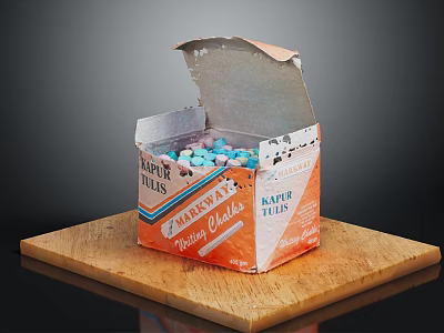 Open Paper Box Containing Colorful Chalks Placed On Wooden Board For Daily Use 3d model
