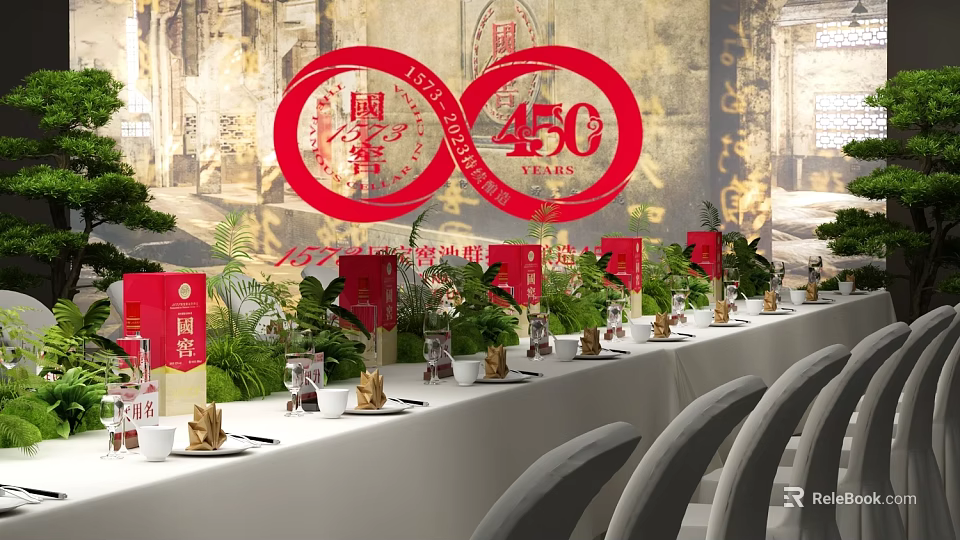 Elegant Dining Table Set with Tableware Plant Decorations for 450th Anniversary Celebration 3d model