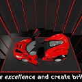 Red Ferrari Sports Car with Open Doors in Modern Showroom Shiny Black Floor