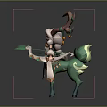 Mythical Character Design With Deer Antler Bell Ornaments And Flowing White Green Outfit