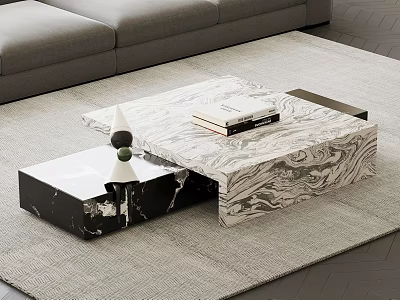 Modern Coffee Table with Marble Surface Books and Decorative Items in Living Room 3d model