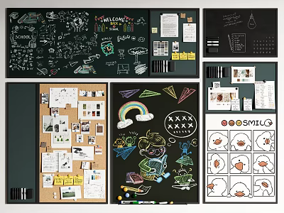 Creative Wall Decor With Chalkboard Art Corkboard Photos Notes And Hand Drawn Patterns 3d model