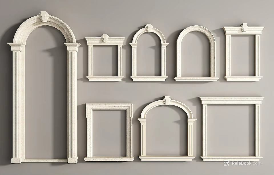 Decorative White Architectural Mouldings With Arch And Rectangular Frame Designs 3d model 