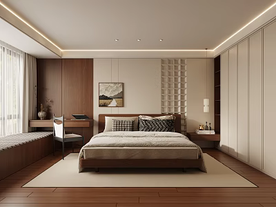 Modern Minimalist Bedroom With Wooden Lattice Accent Wall Bay Window And Area Rug 3d model