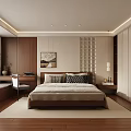 Modern Minimalist Bedroom With Wooden Lattice Accent Wall Bay Window And Area Rug