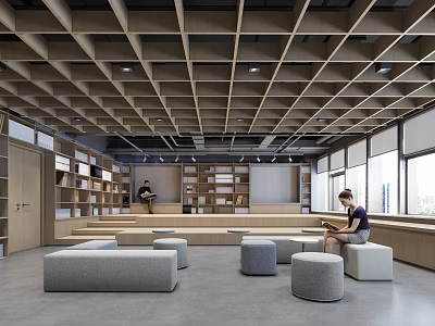 Book Art Inspired Reading Space Featuring Wooden Ceiling Bookshelves Sofa Stools And Large Windows 3d model