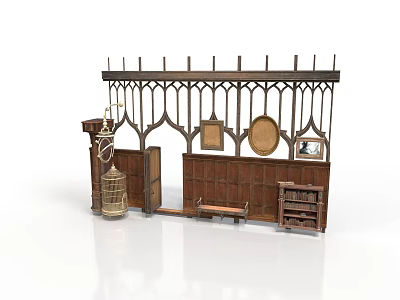 Medieval Interior Scene With Wooden Screen Tapestry Candle Holder Bench And Bookshelf 3d model