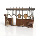 Medieval Interior Scene With Wooden Screen Tapestry Candle Holder Bench And Bookshelf