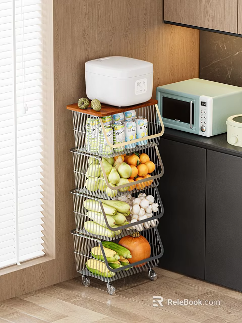 Fresh Oranges and Green Apples on Metal Multi Tiered Kitchen Storage Rack 3d model 